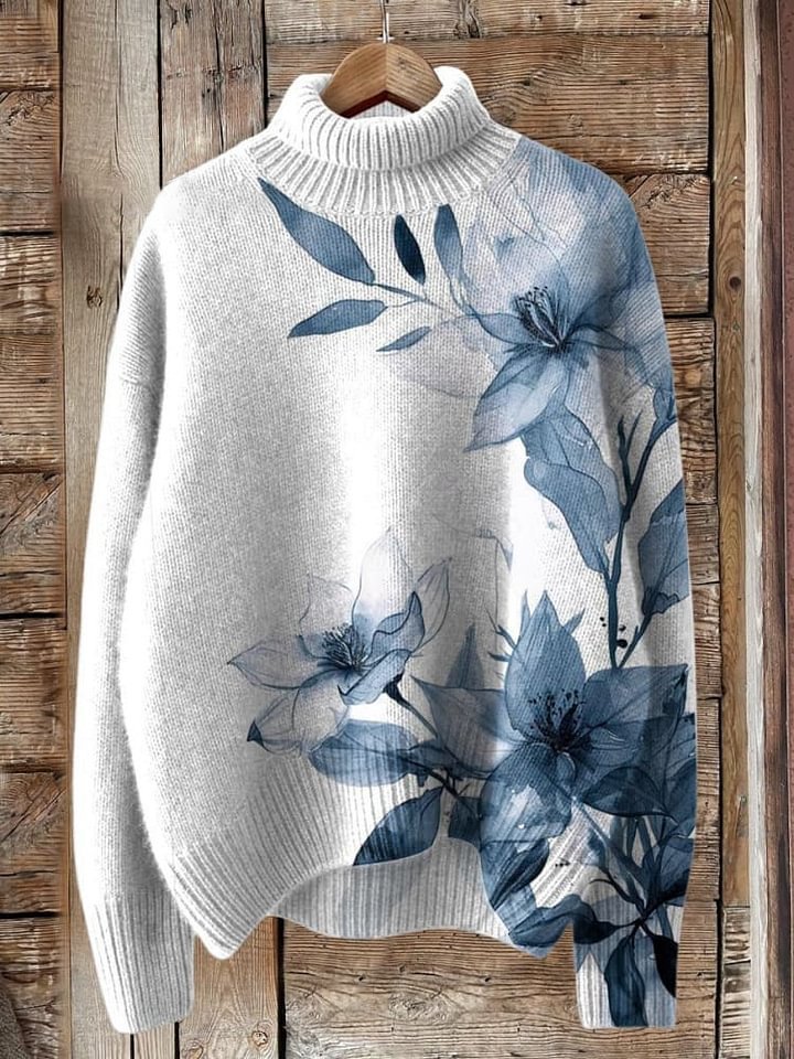 Printing Casual Cloak Turtleneck Pullover Women Abstract