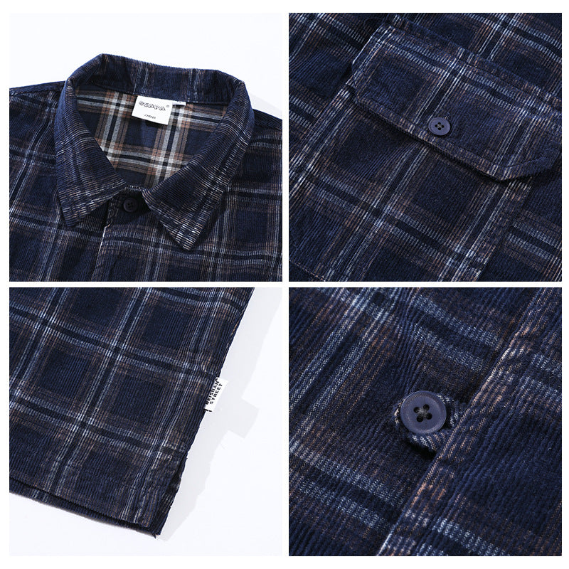 Summer Corduroy Plaid Casual Loose Men's And Women's Short Sleeve Shirt