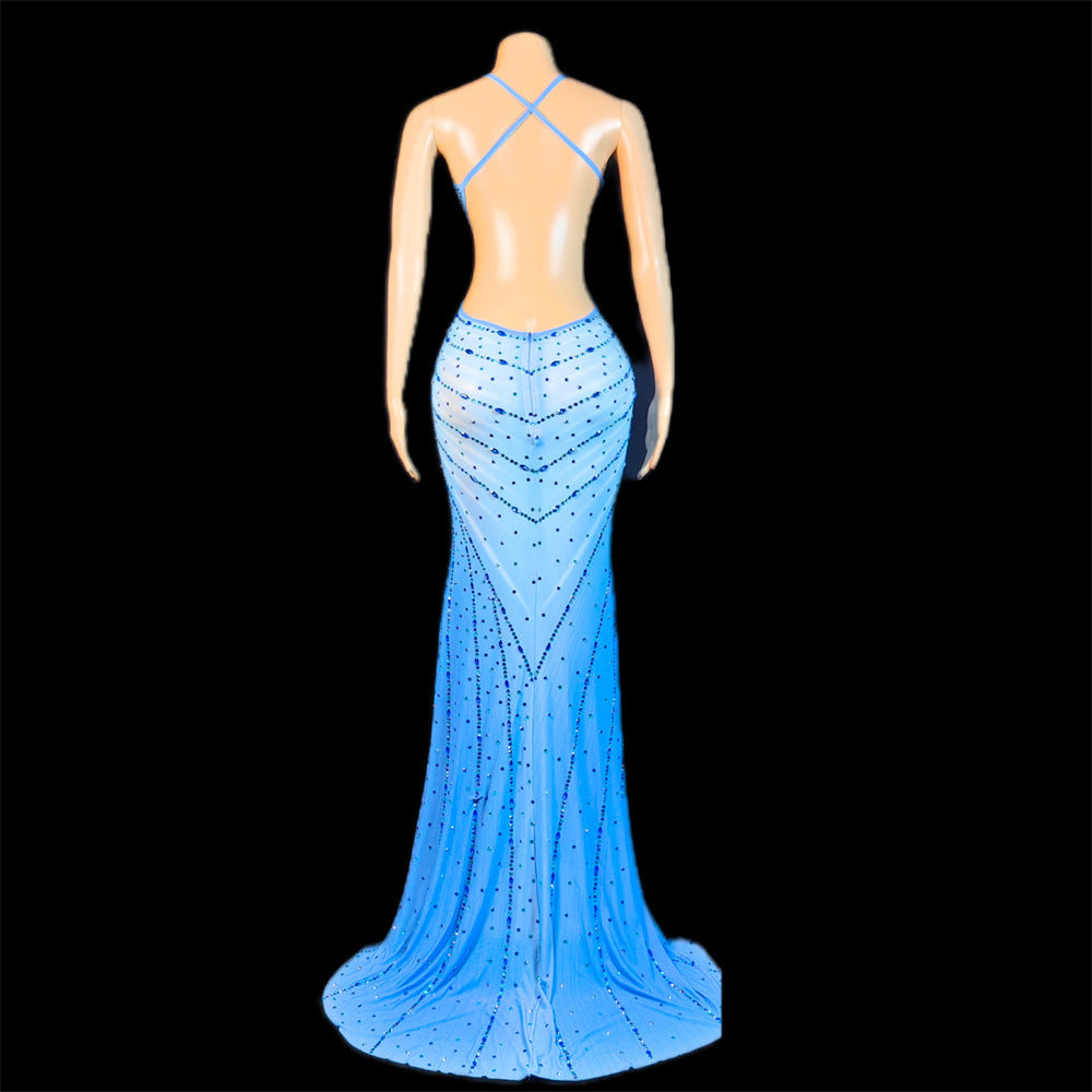 New Elegant Celebrity-Style Party Slip Dress With A Deep V-Neck And Sparkling Rhinestones