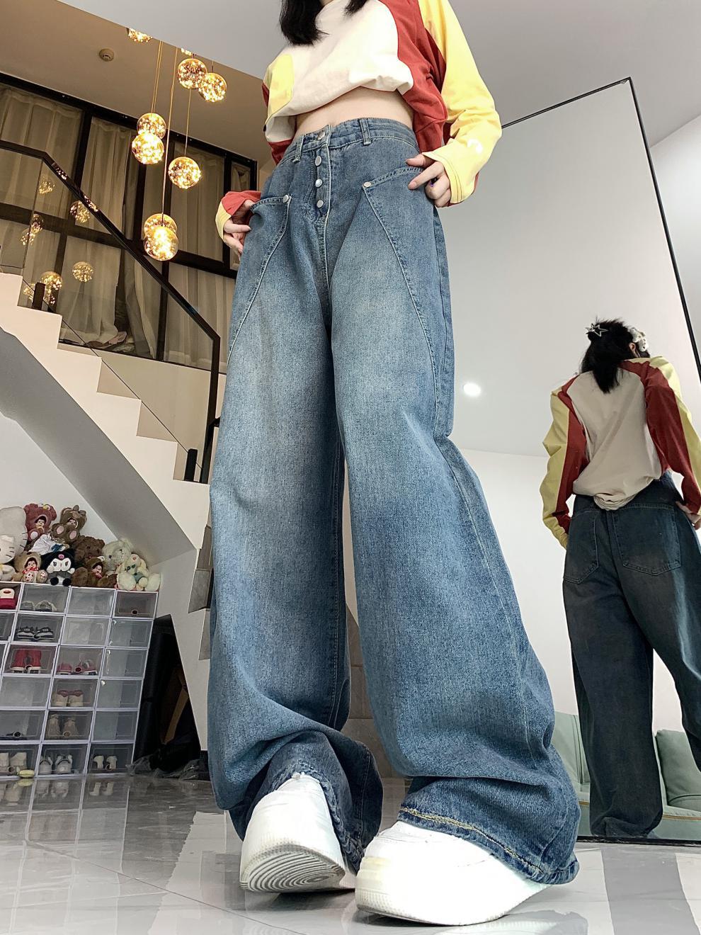 Retro Washed Worn Jeans Slimming And Straight Bootleg Pants