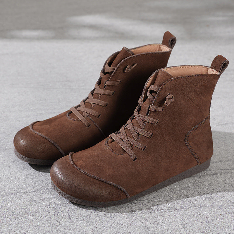 New Retro Leather High-top Women's Boots With Round Head Stitching