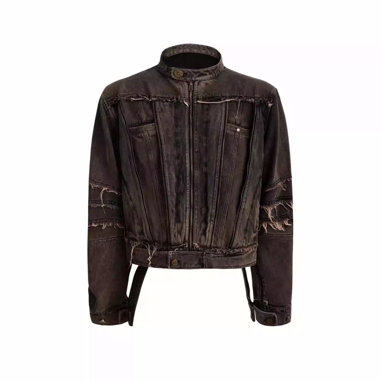 Niche retro-look slidt, vasket denimfrakke med skulderpuder