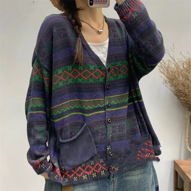 Striped Cotton Printed Pocket V-neck Sweater Cardigan