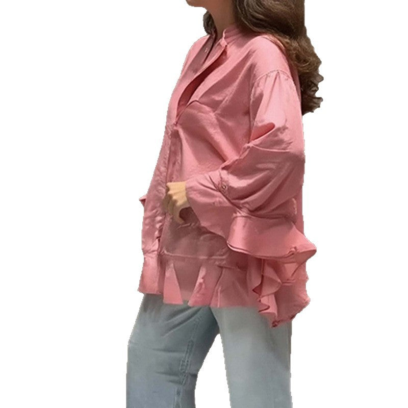 Solid-color Top With Ruffled Hem, Stand-up Collar, And Batwing Sleeves