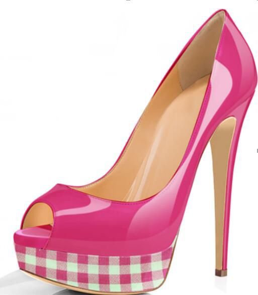 European And American Candy Color Plaid Fish Mouth Waterproof Platform High-heeled Women's Shoes