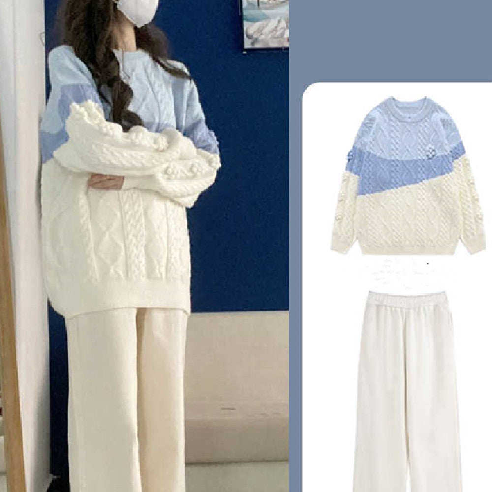 Autumn Winter Japanese Retro Lazy Style Wear Contrast Color Twist Knitted Sweater
