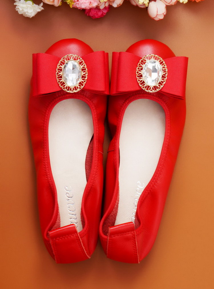 Women's Leather Rhinestone Bow Shallow Roll Shoes