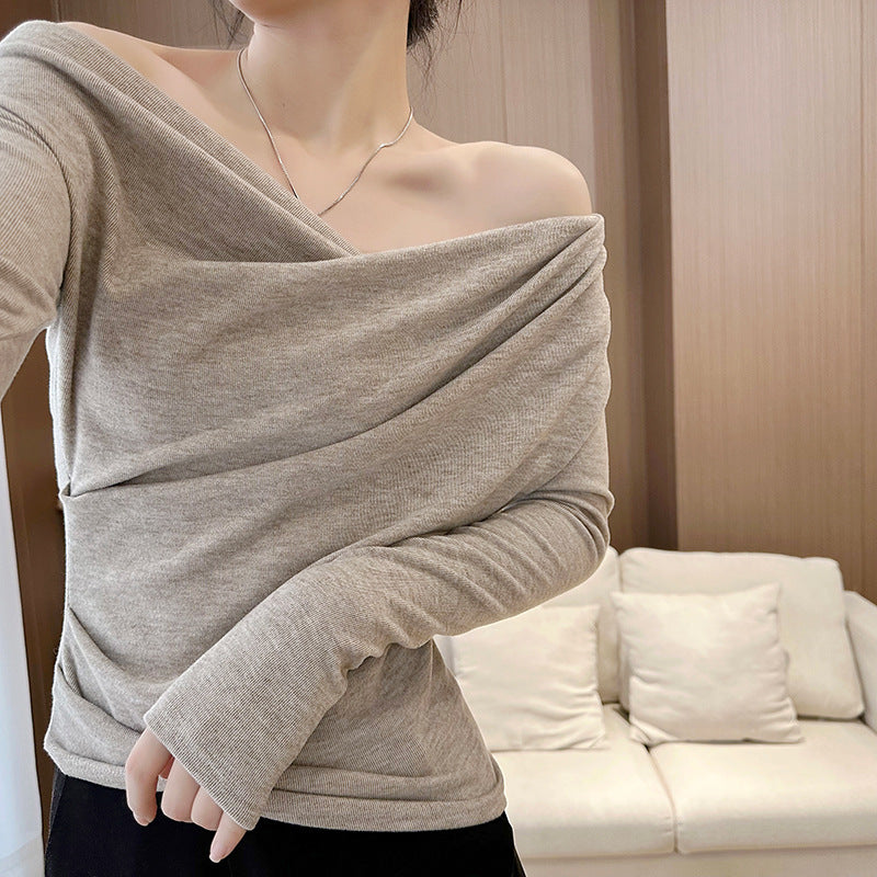 Fleece-lined Extra-thick Winter Sheer-look Long-sleeve Asymmetrical Off-shoulder T-shirt