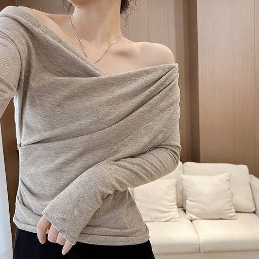 Fleece-lined Extra-thick Winter Sheer-look Long-sleeve Asymmetrical Off-shoulder T-shirt