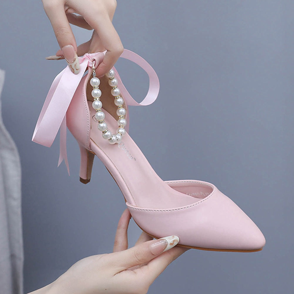 Mid Heel Rhinestone  7cm    Beaded Ribbon Sandals Matte Soft PU Leather Dress Shoes For Women