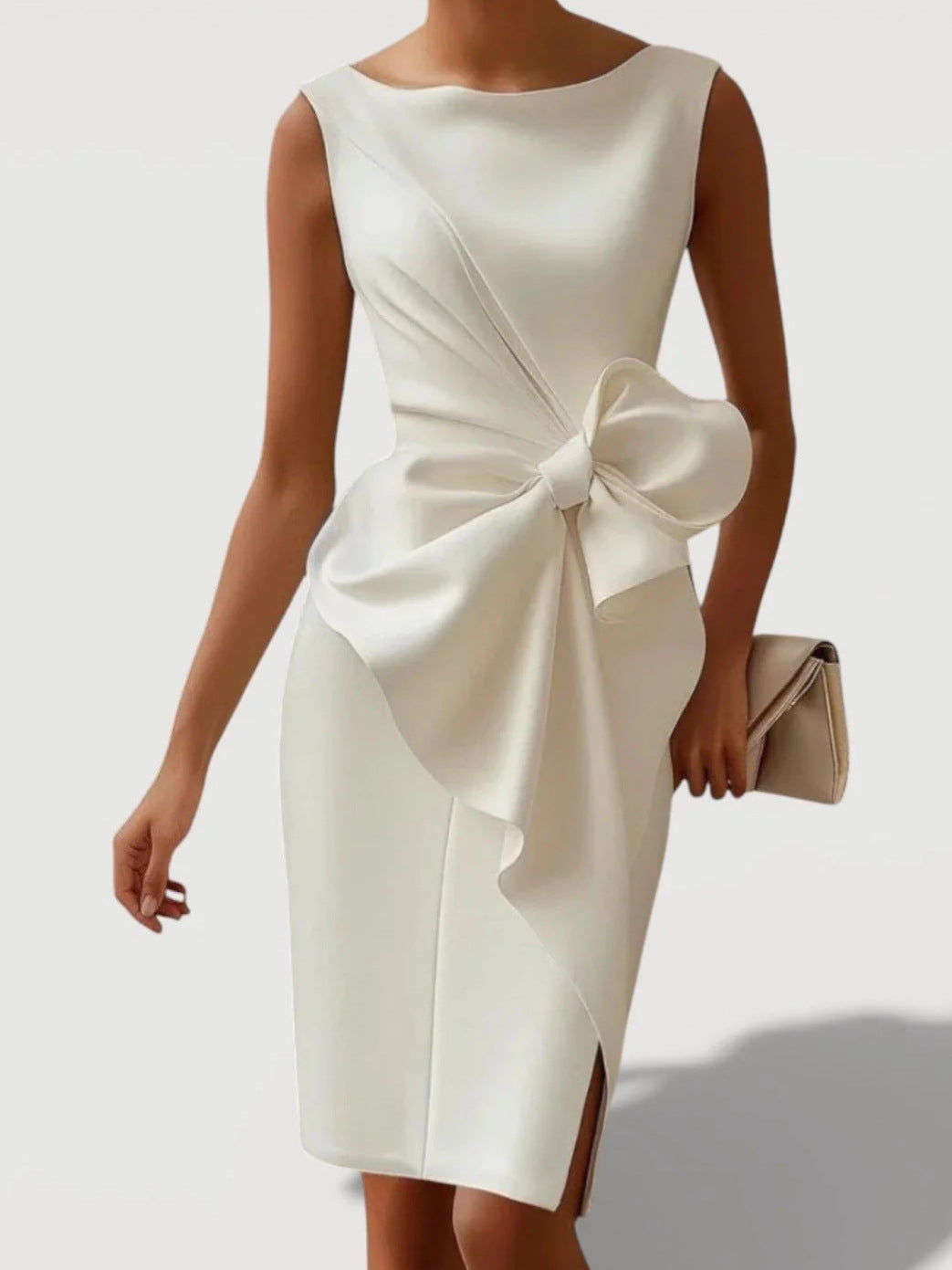 Mid-length Fitted Dress With A Cinched Waist And Bow Detail