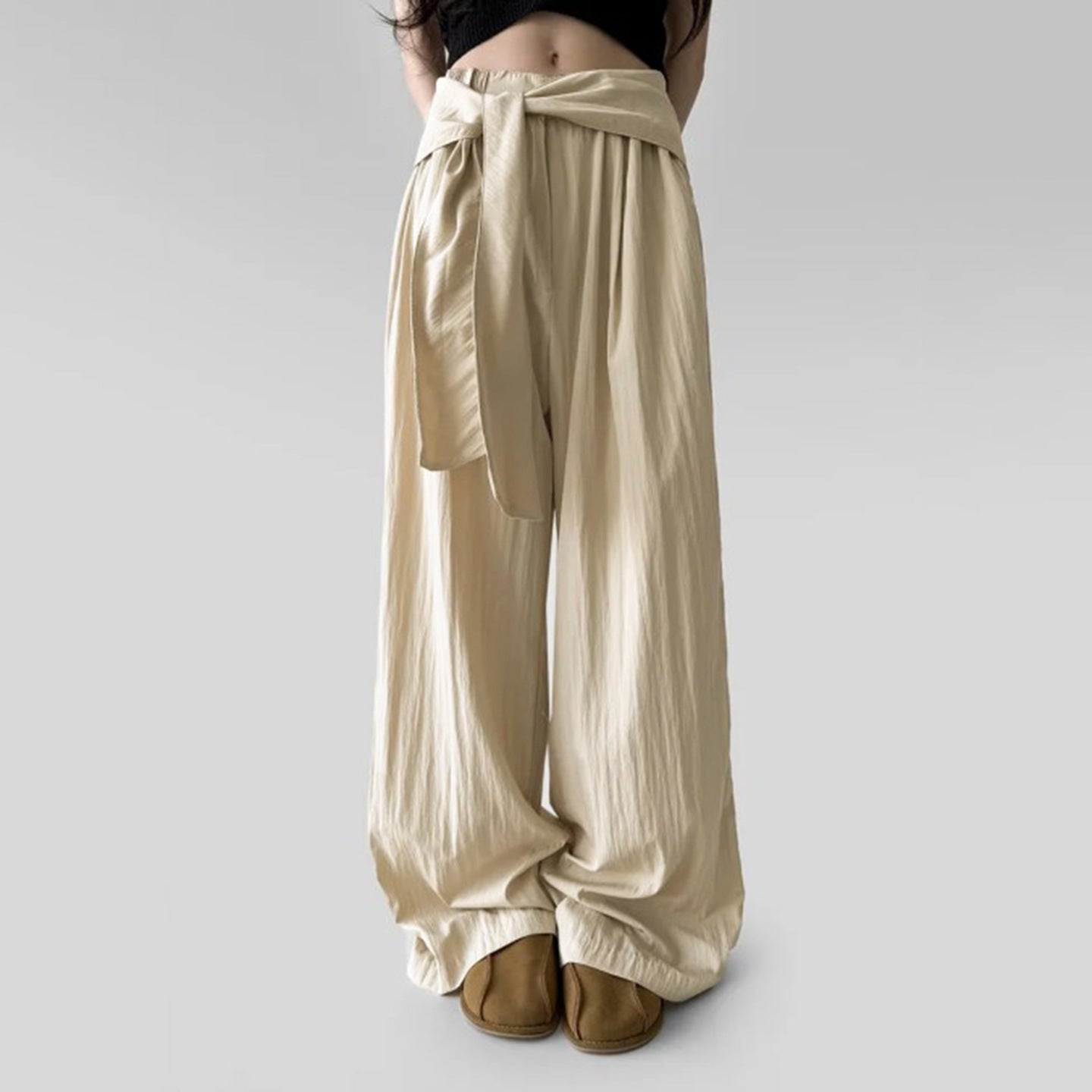 Womens Casual Minimalist High-Waisted Drapey Straight-Leg Pants
