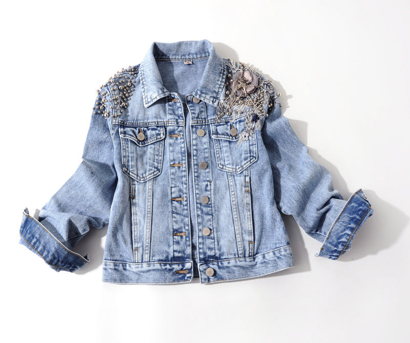 Jaqueta jeans de manga longa com flores bordadas pesadas