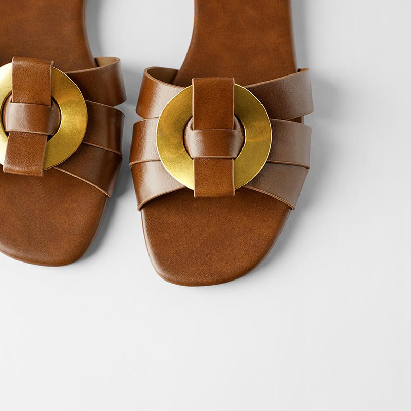 Cow leather sandals and slippers with square toe metal buckle