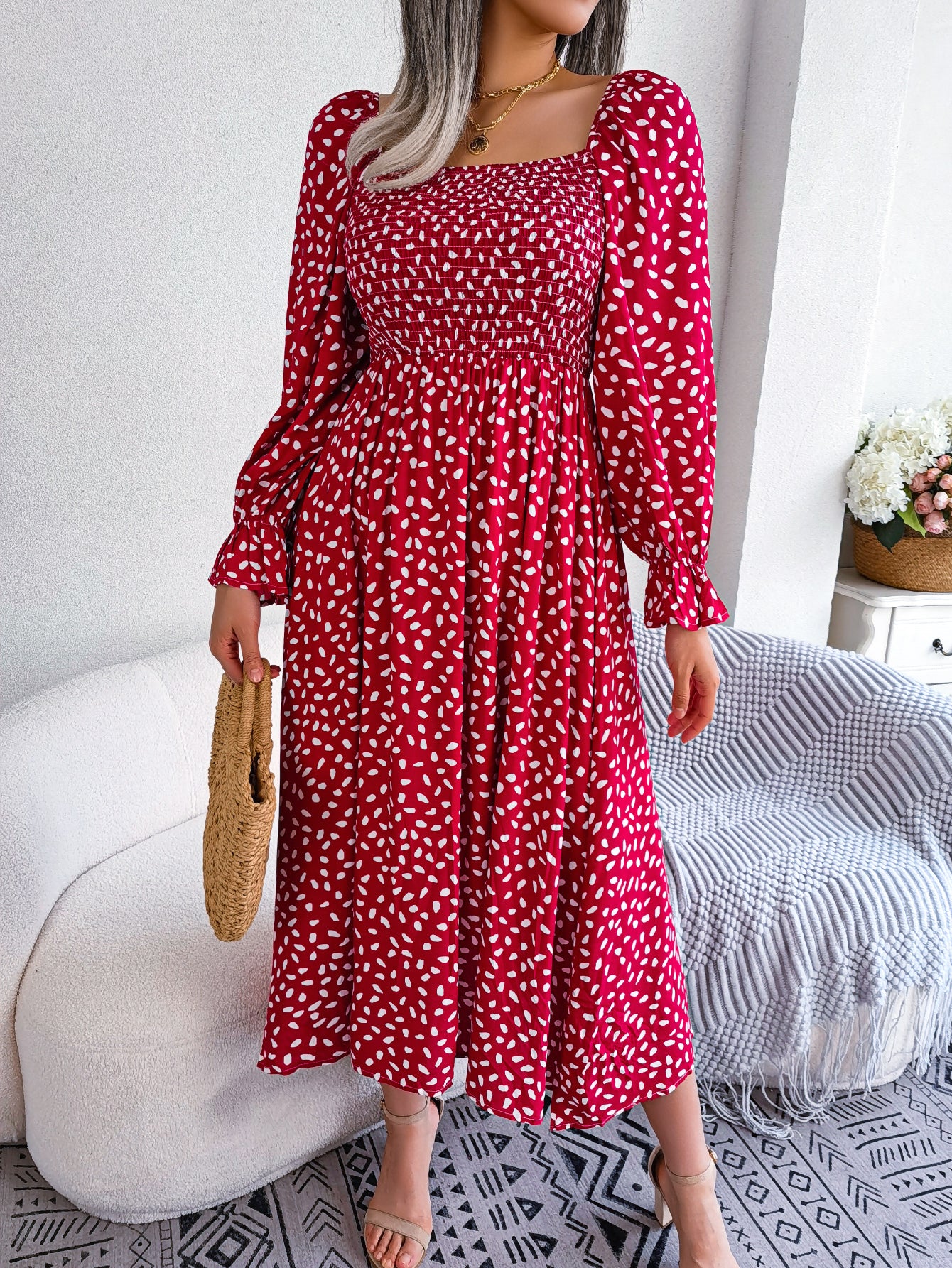 Women Square Neck Long Sleeve Vacation Rayon Pleated Maxi Dress