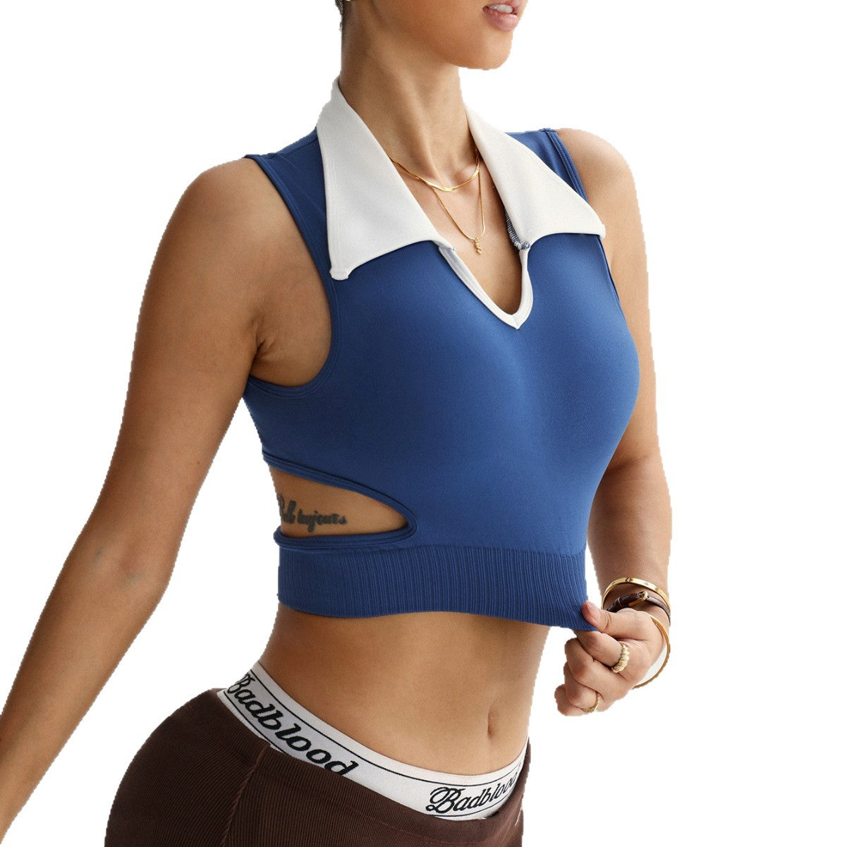 Womens V-neck Contrast-color Hollow-out Waist-cinching Fitted Top