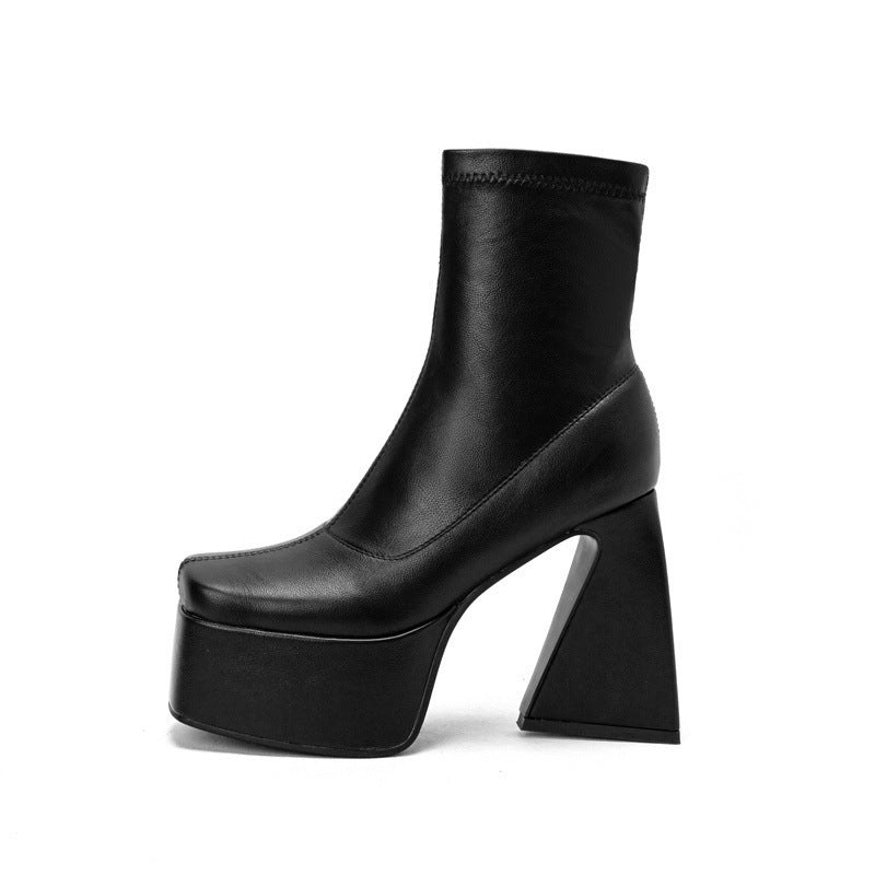Thick Sole Shaped Heel Sleeve Low Top Square Toe Women's Boots