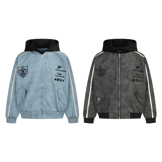 Punk & Rock Distressed Stitching Contrast Color Hooded PU Men