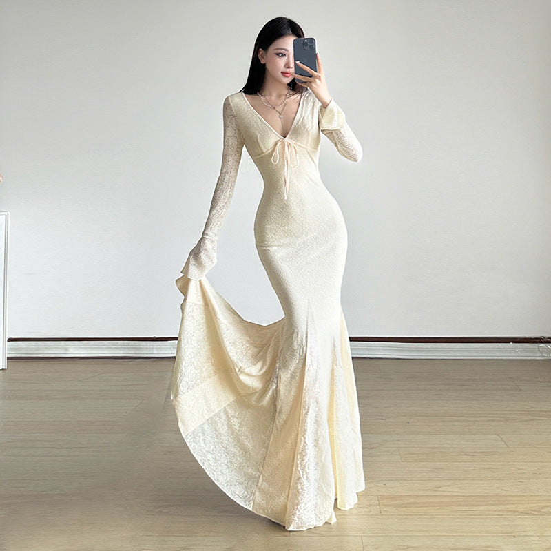 French-style Ethereal Jacquard Lace V-Neck Dress With Ties