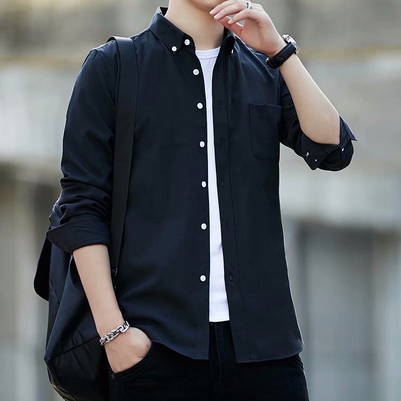 Oxford-cloth Casual Slim-fit Solid-color Shirt For Men