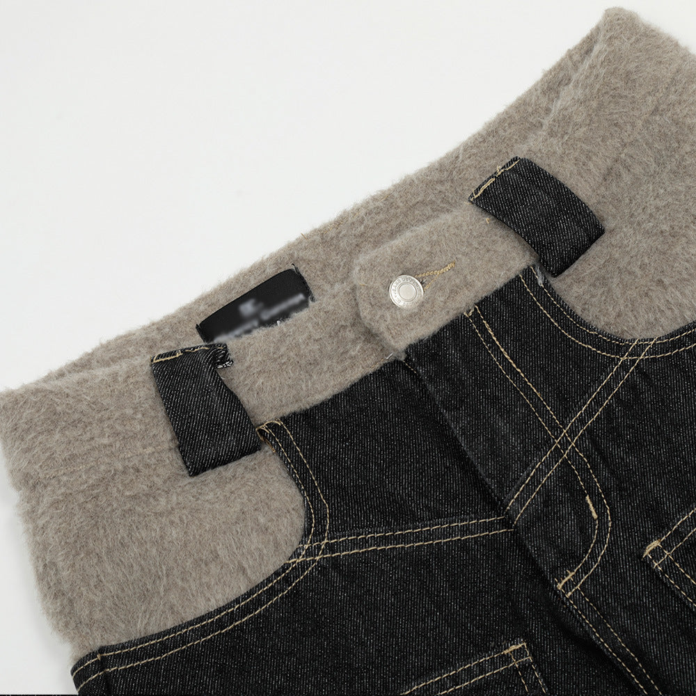 High Street Design Washed Straight Wide Leg Plush Stitching Multi-pocket Jeans