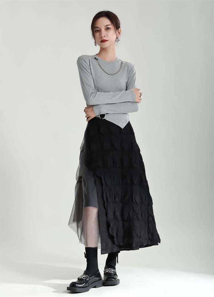 Gray Contrast Color Heavy Industry Stitching Mesh Pleats Skirt For Women