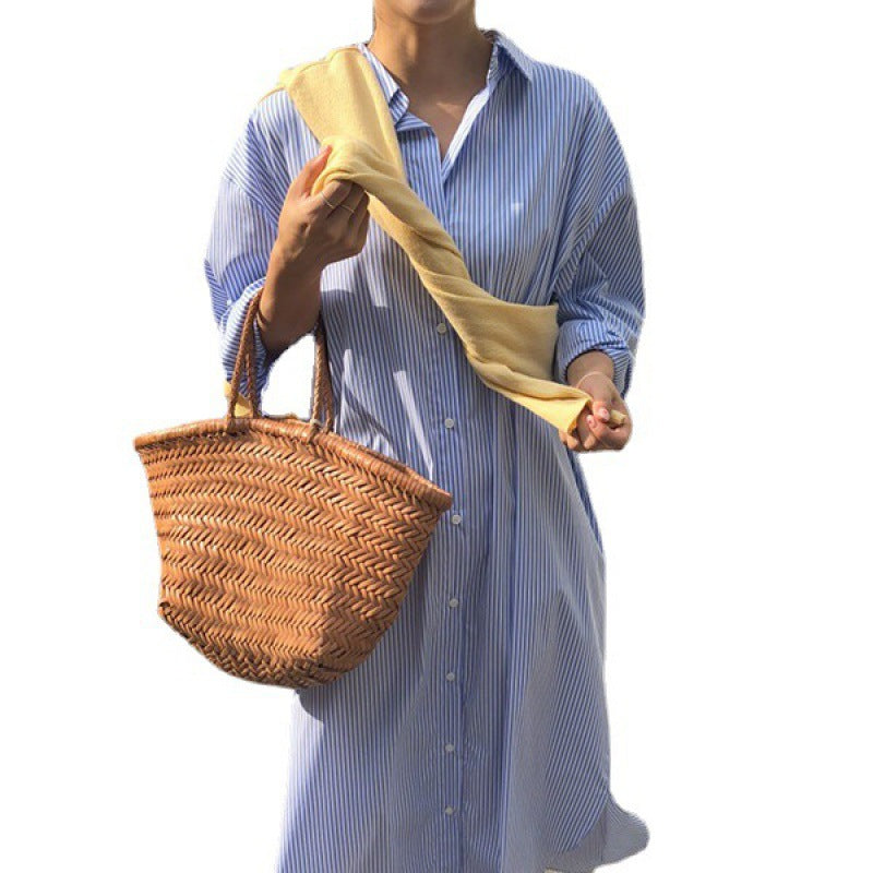 Womens Striped Polo-Neck Single-Breasted Shirt Dress