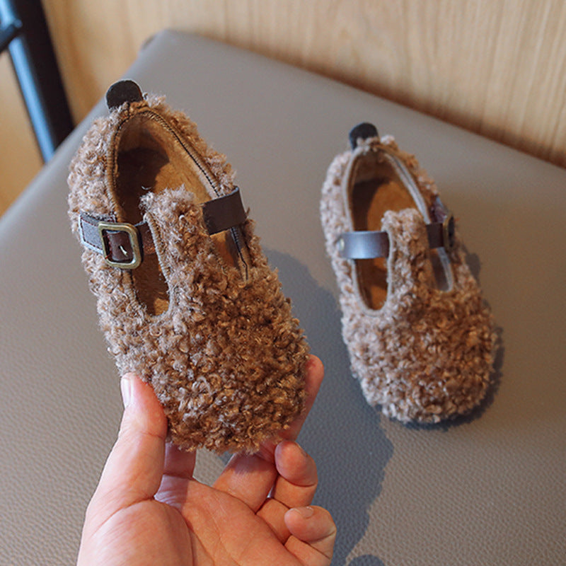 Girls' T-shaped Leather Soft Soled Cotton Shoes