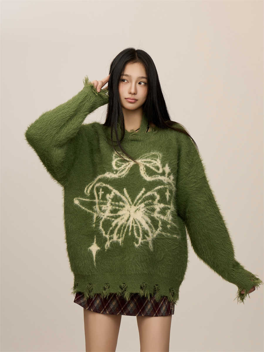 Sommerfugle-jacquard uldsweater med minklignende finish til jul og nytår