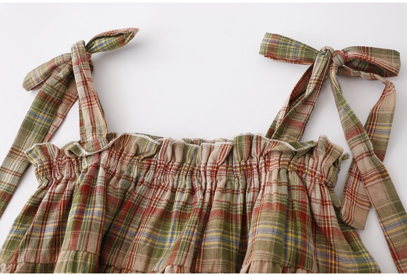 Summer New Mori Girl Bow Tie-neck Plaid Spaghetti-strap Camisole Top Women