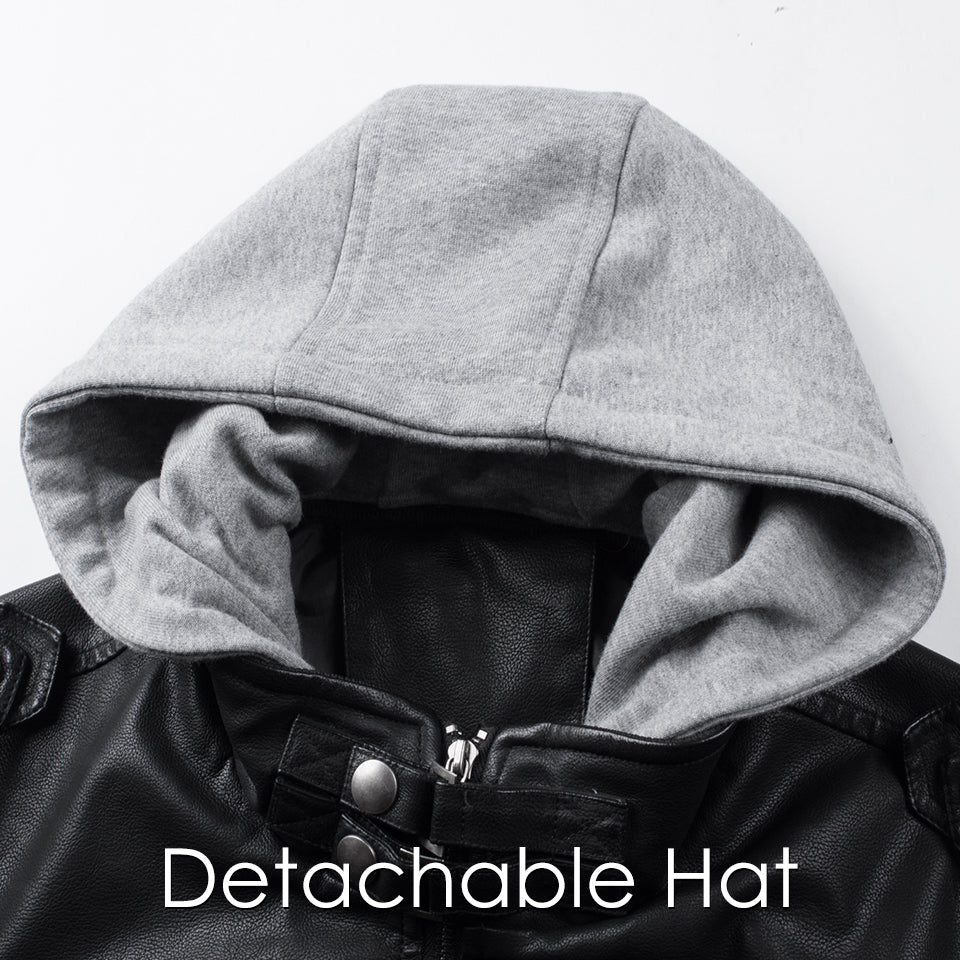 Men's detachable hooded pu leather jacket
