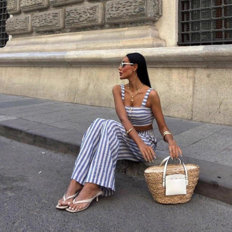 Color Block Camisole And Stylish Elastic Drawstring Pants Two Piece Set