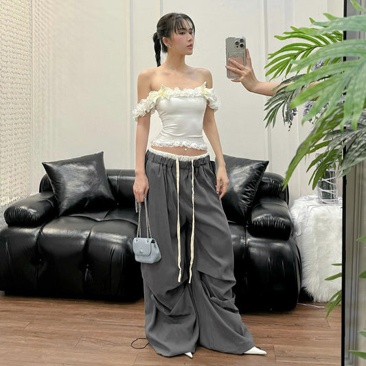 Women's Fashion Style Loose Casual Simple All-match Basic Color-contrasting Stripe Trousers
