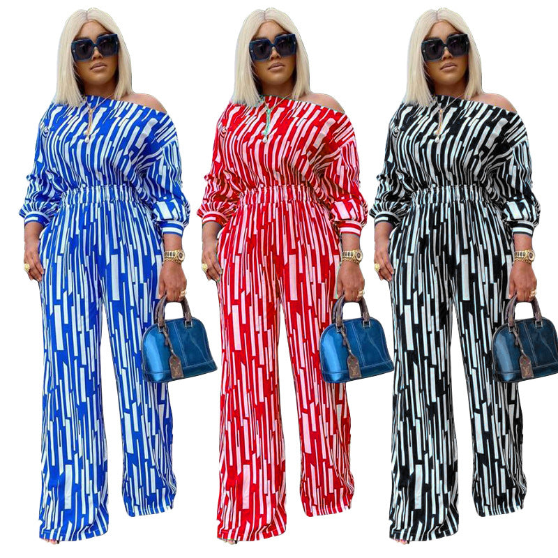 Printed Slant-Neckline Long-Sleeve Loose Casual Set