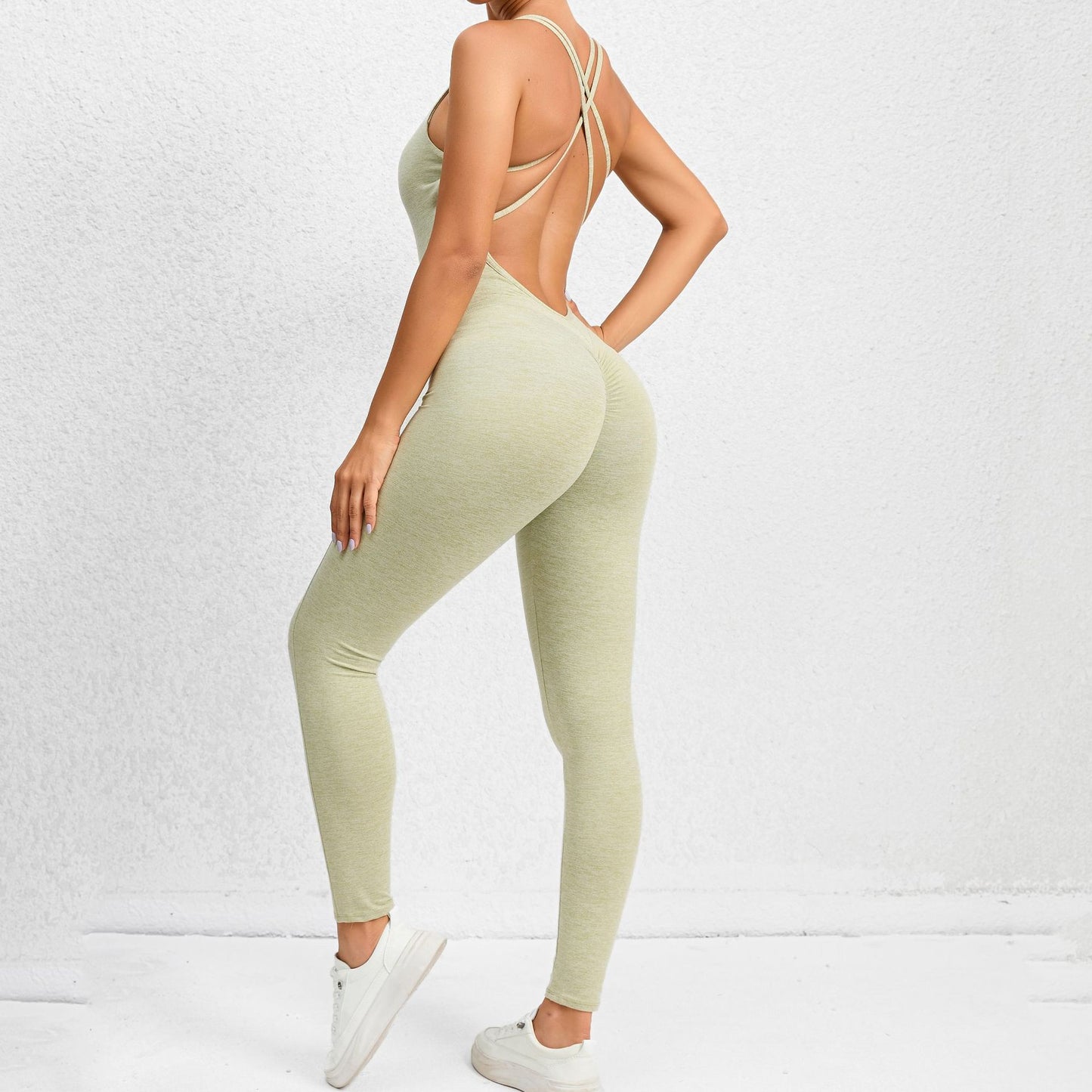 Yogajumpsuit med krydsrem-rygdesign Hurtigtørrende tætsiddende løbe- og sportsfitnessbukser Moderigtige sømløse leggings til kvinders tøj