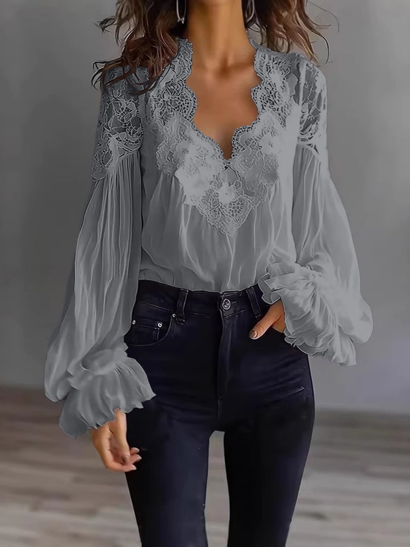 Lace-panelled Ruffled Puff-sleeve Pleated Shirt