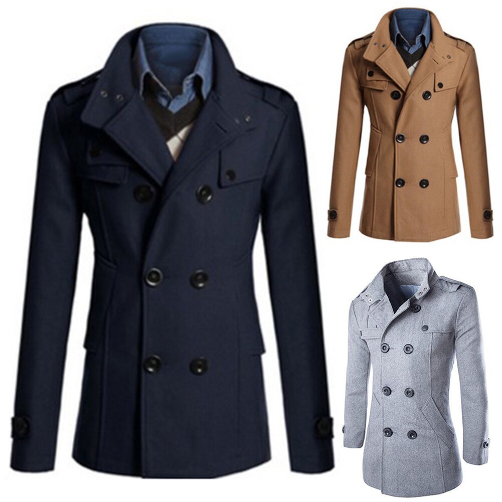 Trenchcoat i uld til mænd med stående krave og lange ærmer