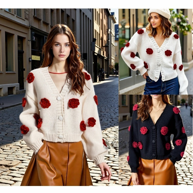 Three-dimensional Women's Flower Shape Loose V-neck Buttons Sweater