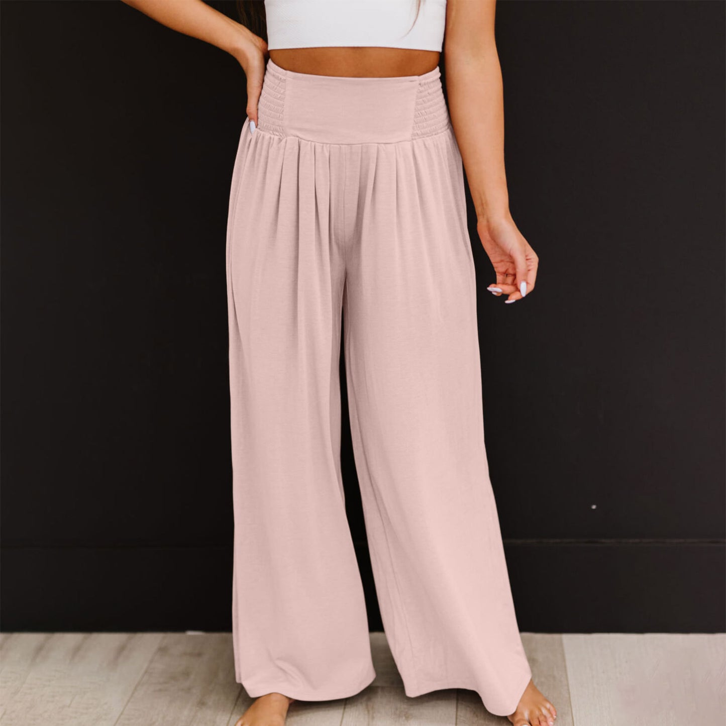 Women's Casual Cotton And Linen Smocking Distressed Mid-waist Trousers