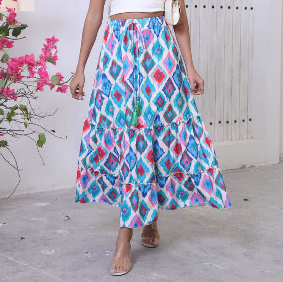 Bohemian Resort Style Beach Wide Printed Skirt