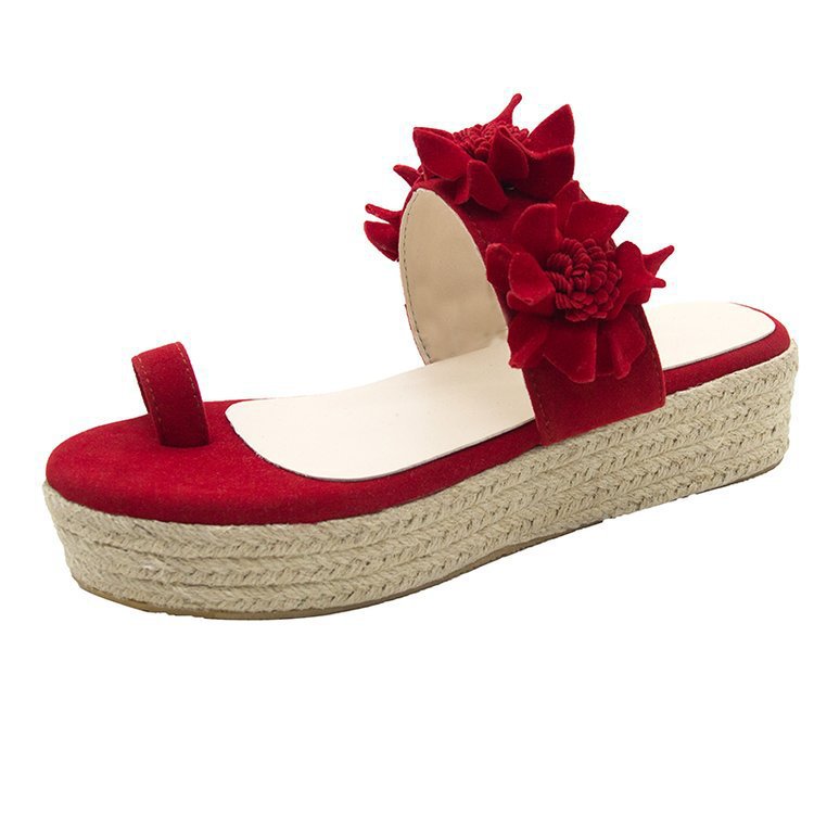 Korean style red women's sandals with straw trifle sole