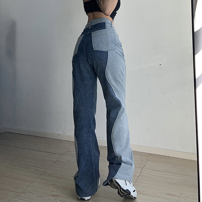 American Color Blocking Leg Length Straight Casual Jeans