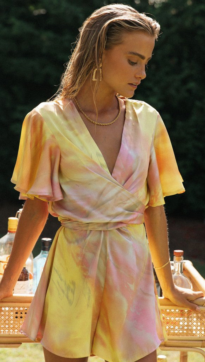 Women's Tie Dye Print Irregular V Neck Backless Tie Jumpsuit