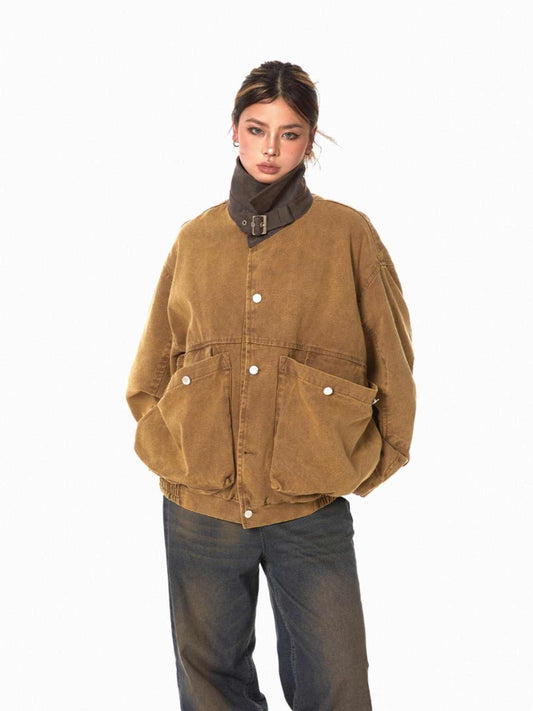Lapel Tooling Distressed Large Pocket Stitching Jacket Loose Casual Short Coat