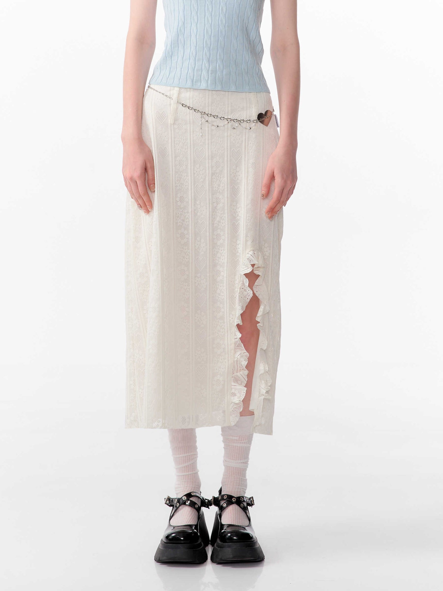 High Waist Apricot Ruffled Lace Split Midi Skirt