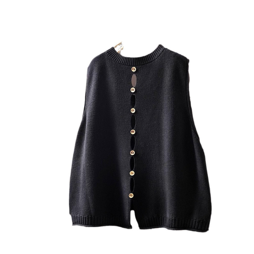 Back Buttoned Cotton Thread Knitted Vest Women