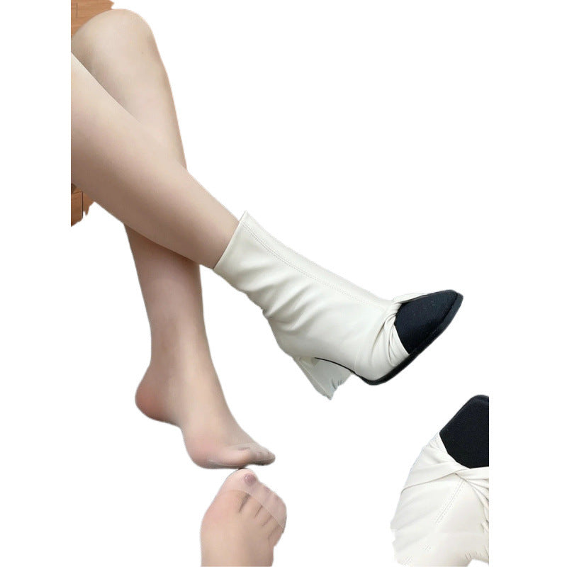 White Chunky Heels Bow Color Matching High Heel Boots