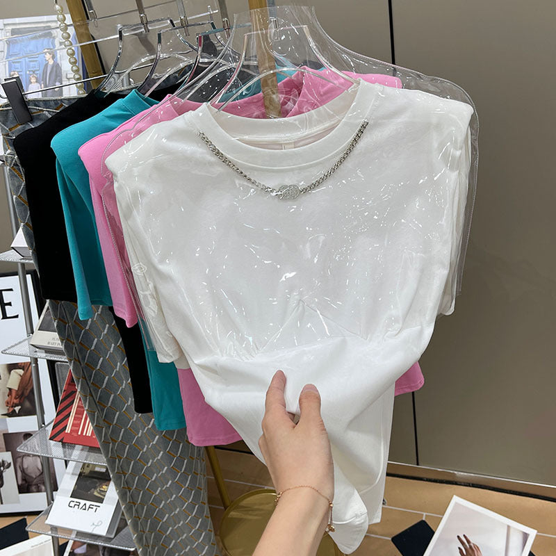 Women's Light Mature Style White Front Shoulder T-shirt