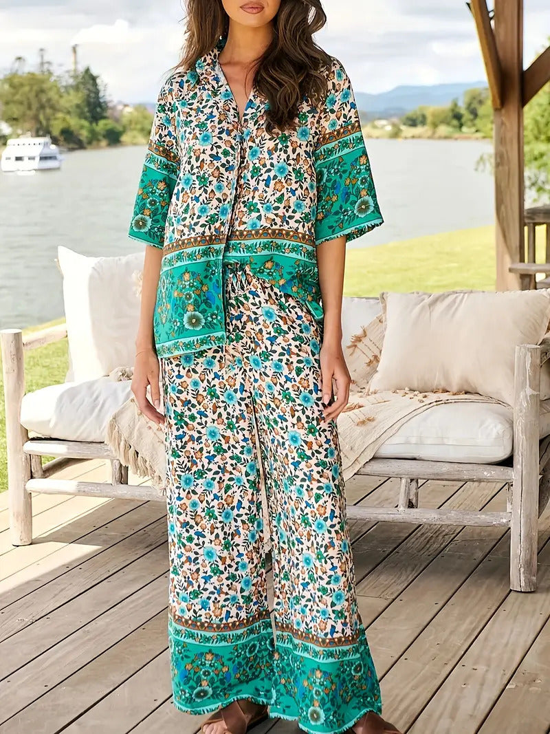 Casual Plant-patterned Short-sleeve Set