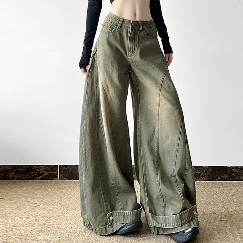 Kvinders løse patchwork-jeans med vide ben til efteråret og vinteren